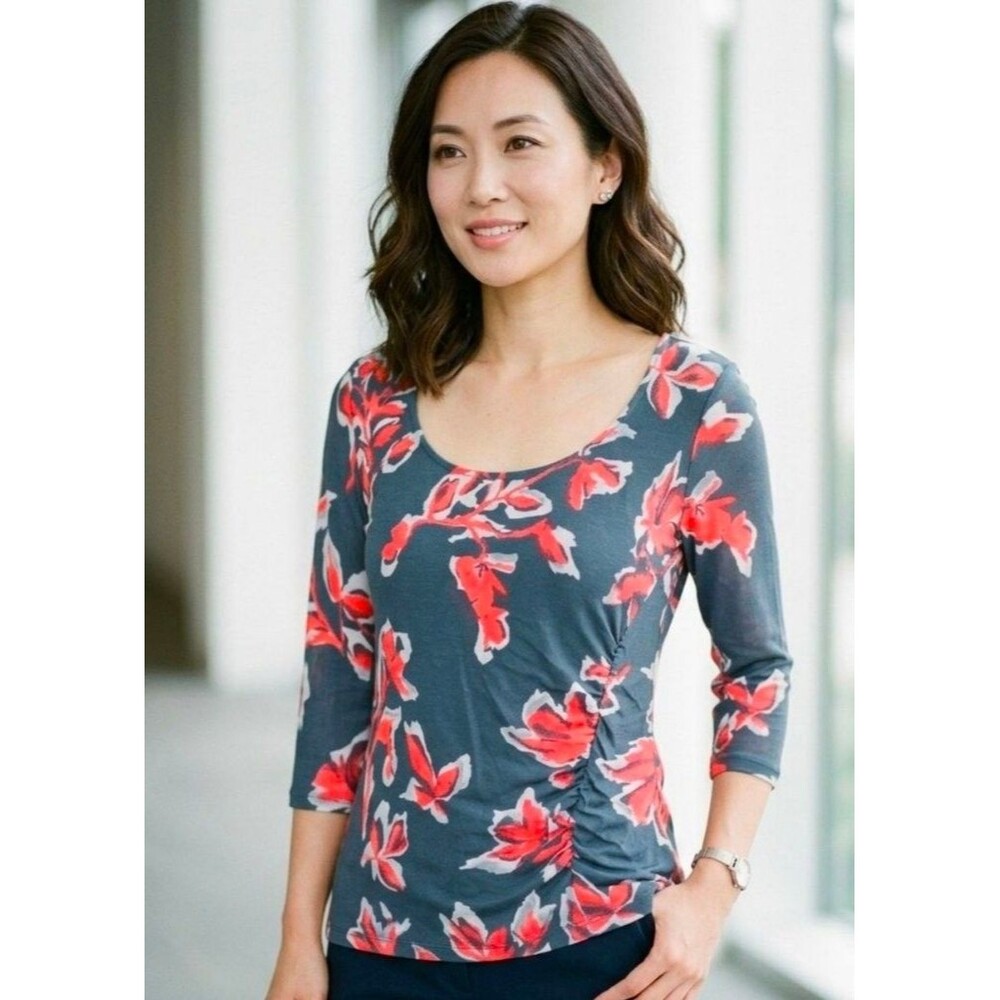 Apt 9 Floral Ruched Side Top Gray Coral Abstract 3/4 Sleeve Blouse - Size L